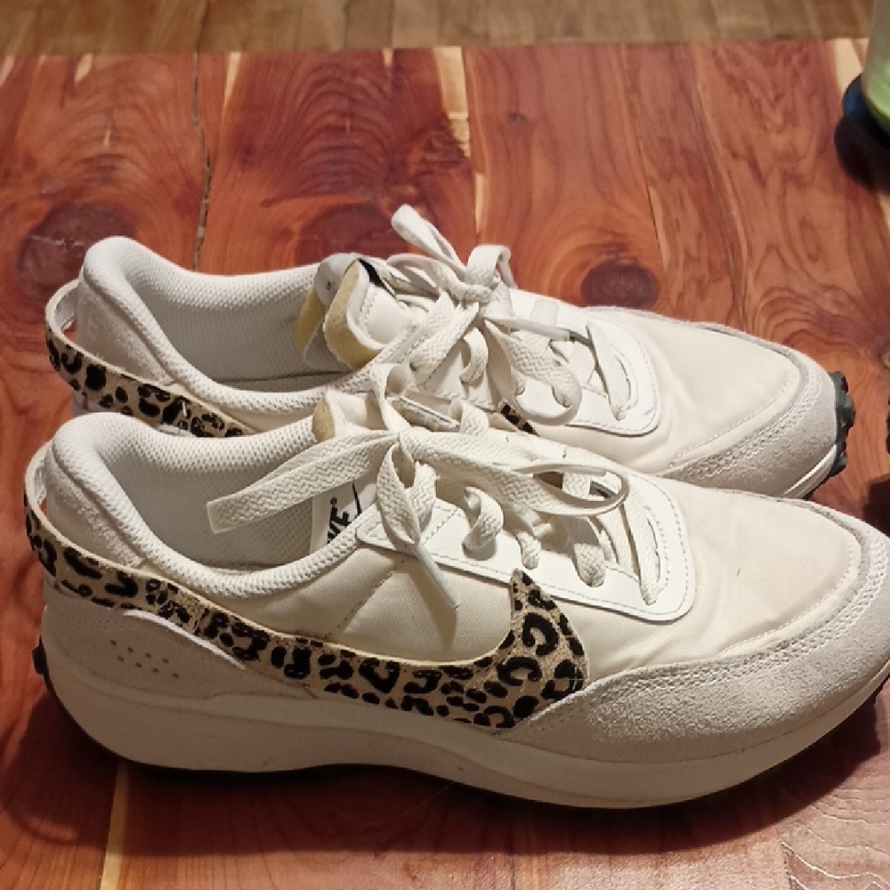 Nike Women's Waffle Debut Sneakers - White with Leopard Print Swoosh